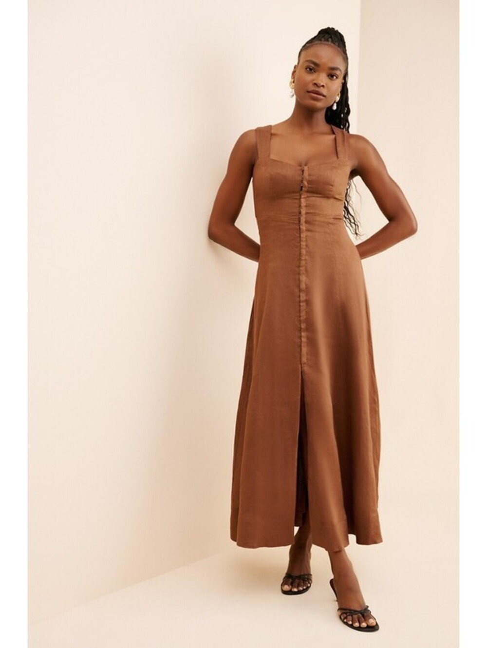 Anthropologie x Hansen & Gretel - Brown Linen Button Up Maxi Dress, Size S